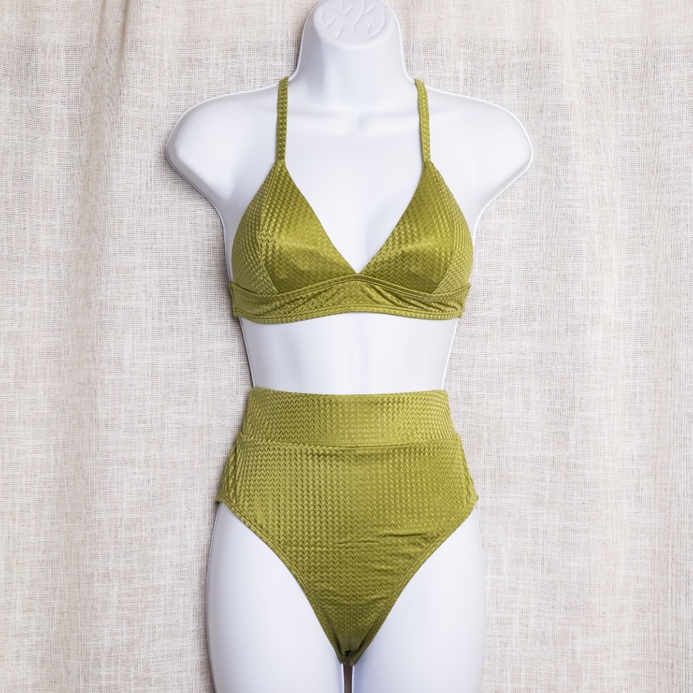Green High Waist Textured Triangle Bikini